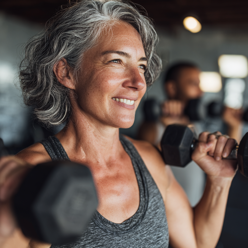 Active middle-aged woman enjoying fitness training session