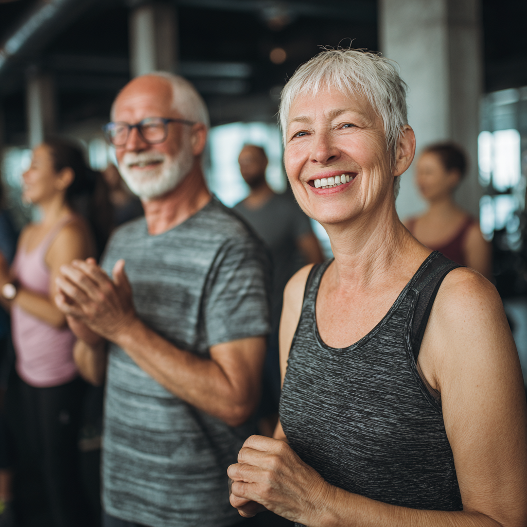 Mature adults engaged in enjoyable fitness activities together